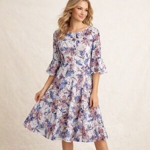 Rabbit Design Y2K Sz 14 Floral Lace Bell Slv Fit Flare Midi Dress Boho Easter